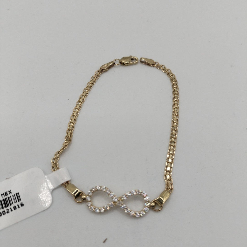 PULSERA TEJIDO ESPECIAL CON INFINITO Y CIRCONIAS 14K 18 CM 3.4 GR (NUEVO)