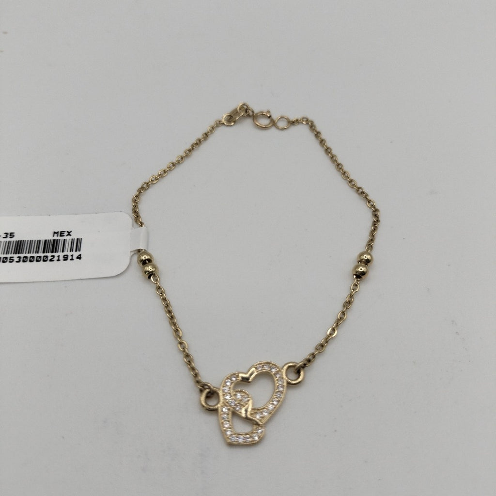 PULSERA TEJIDO ESPECIAL CORAZONES CON CIRCONIAS 14K 18 CM 2.4 GR (NUEVO)