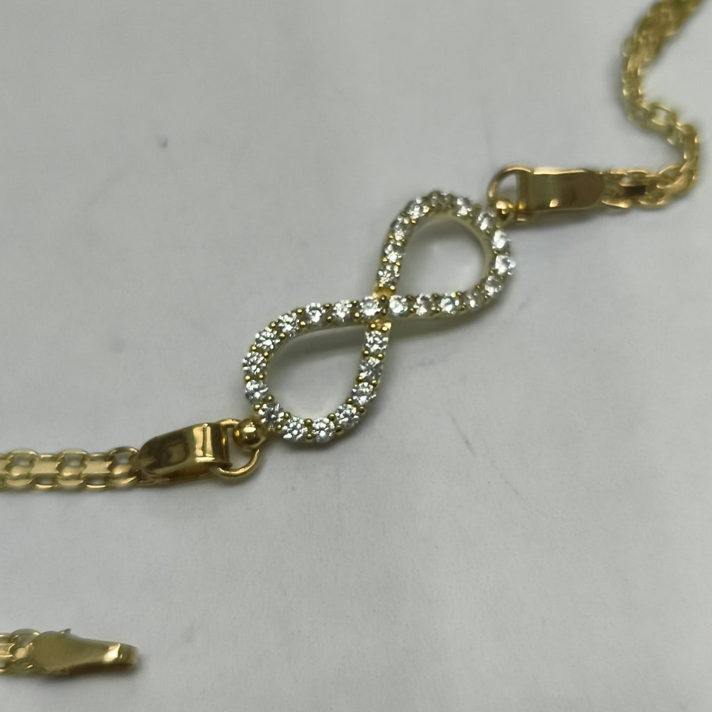PULSERA TEJIDO ESPECIAL CON INFINITO Y CIRCONIAS 14K 18 CM 3.4 GR (NUEVO)