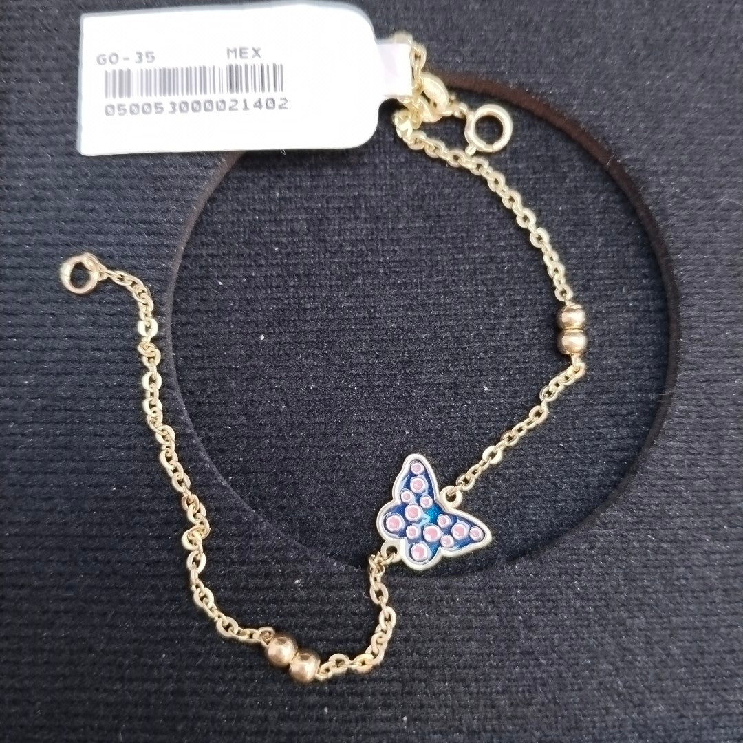 PULSERA TEJIDO ESPECIAL MARIPOSA CON ESMALTE 14K 18 CM 1.8 GR (NUEVO)