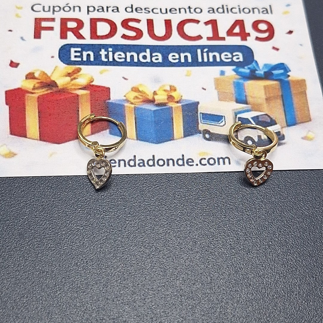 ARETES HUGGIES CON DIJE CORAZON Y CIRCONIAS 14K 2.2 GR (NUEVO)