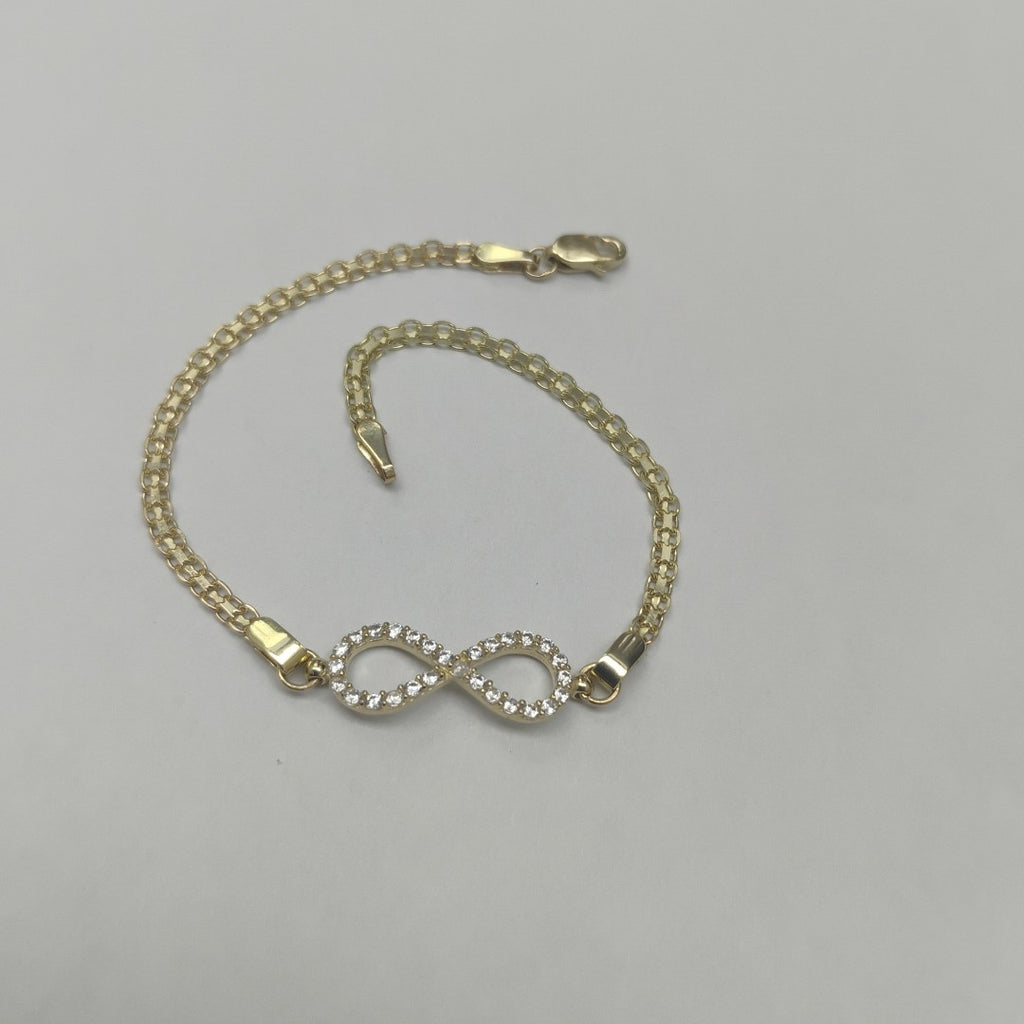PULSERA TEJIDO ESPECIAL CON INFINITO Y CIRCONIAS 14K 18 CM 3.3 GR (NUEVO)