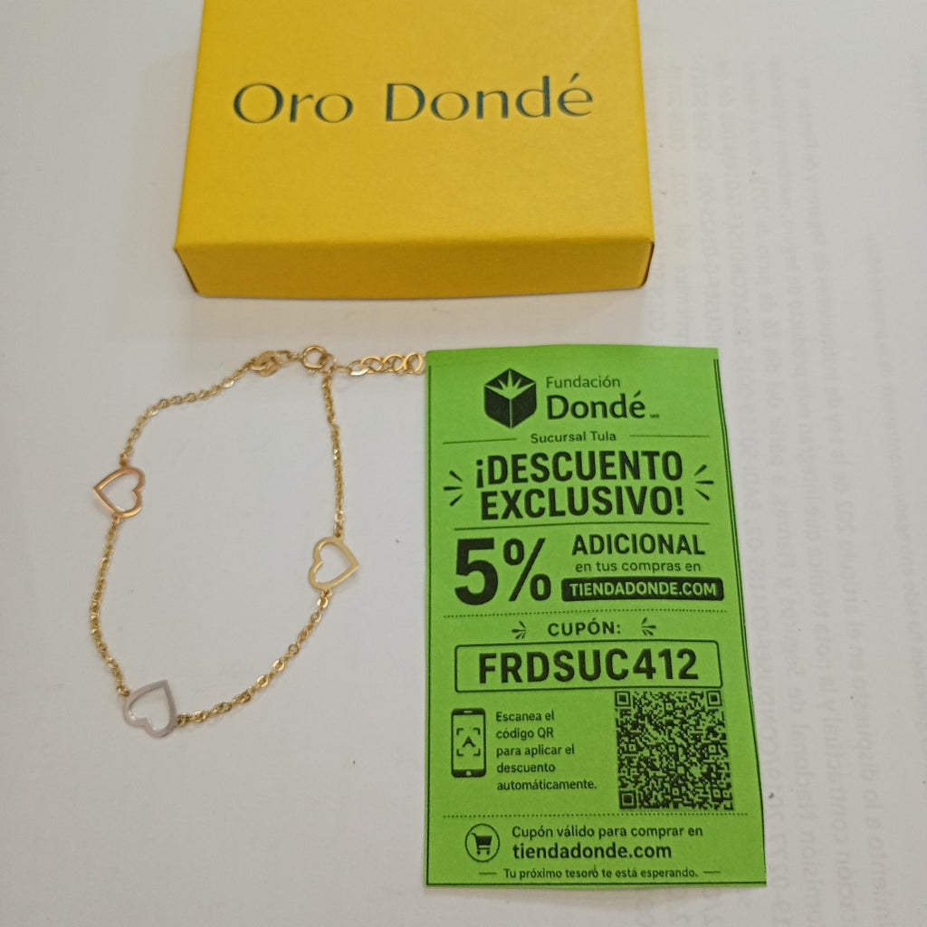 PULSERA ESPECIAL CON CORAZONES CONBINADOS 14K 18 CM 1.7 GR (NUEVO)