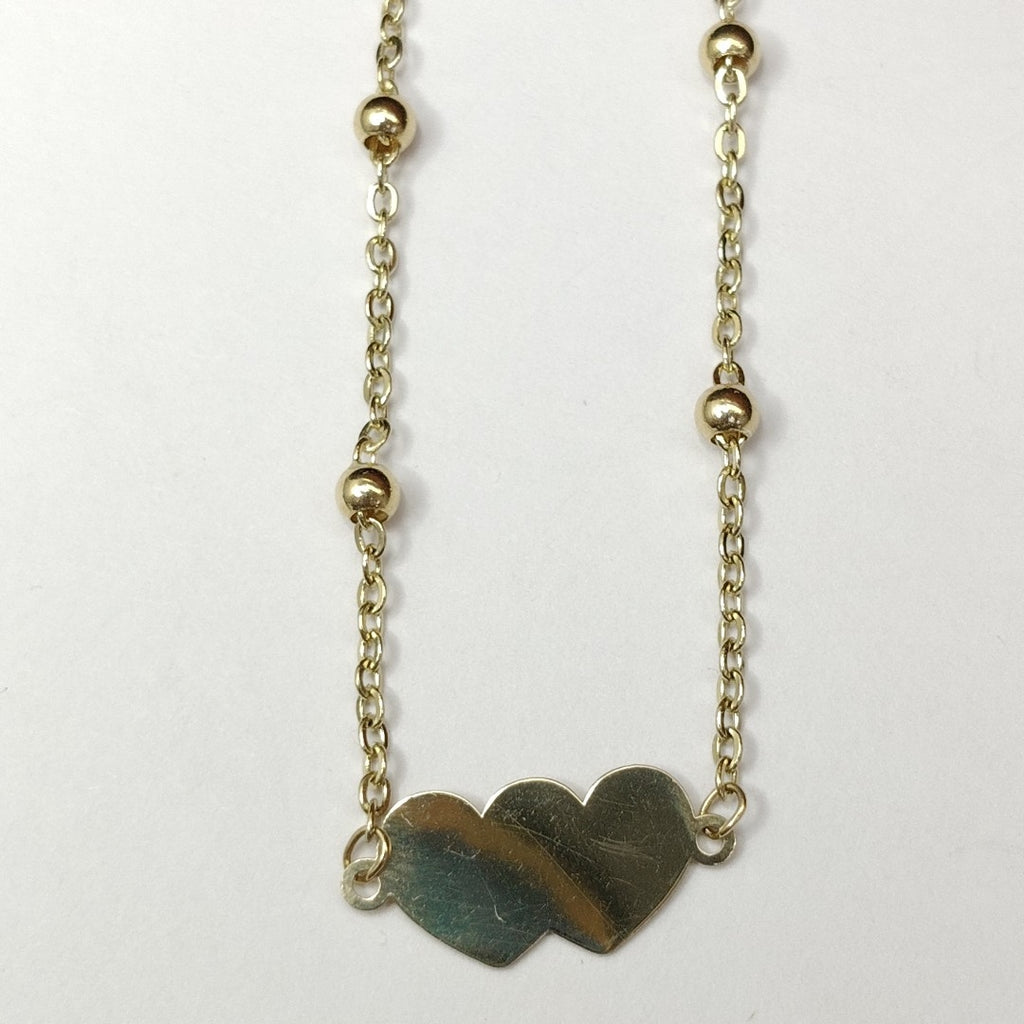 PULSERA TEJIDO ESPECIAL CON DOS CORAZONES 14K 18 CM 1.7 GR (NUEVO)