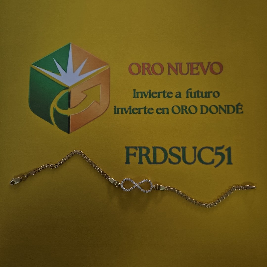 PULSERA TEJIDO ESPECIAL CON INFINITO Y CIRCONIAS 14K 18 CM 3.4 GR (NUEVO)