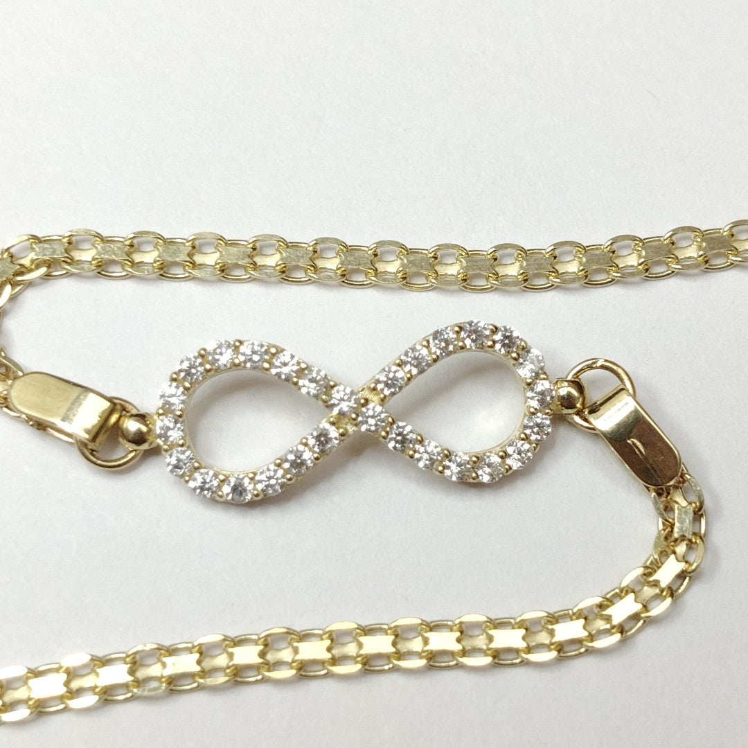 PULSERA TEJIDO ESPECIAL CON INFINITO Y CIRCONIAS 14K 18 CM 3.3 GR (NUEVO)