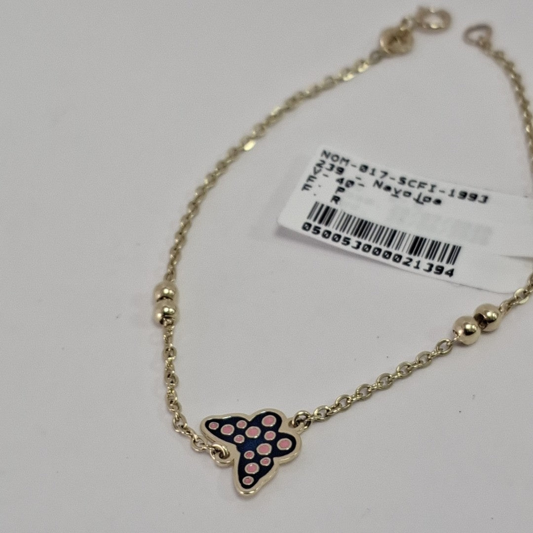 PULSERA TEJIDO ESPECIAL MARIPOSA CON ESMALTE 14K 18 CM 1.8 GR (NUEVO)