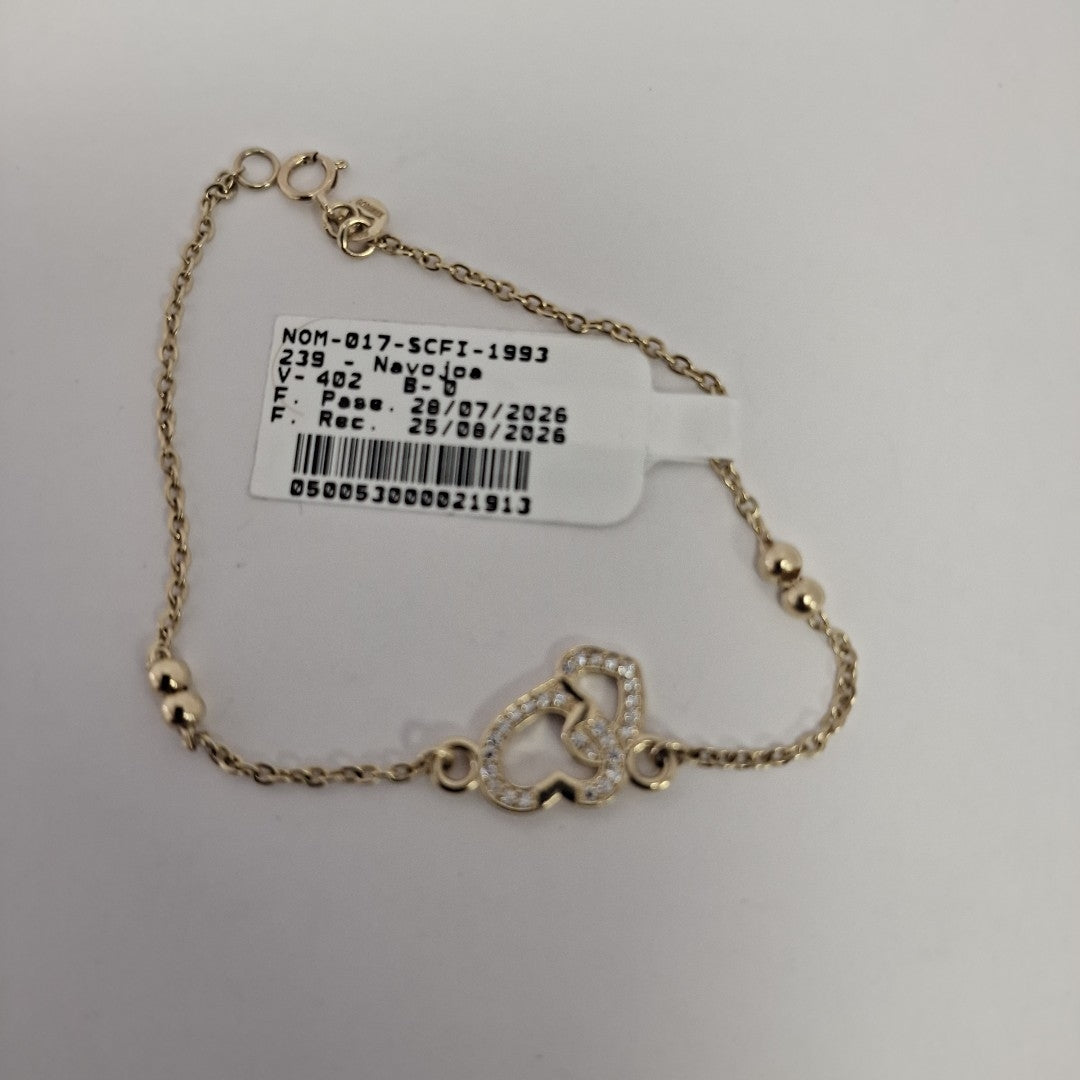 PULSERA TEJIDO ESPECIAL CORAZONES CON CIRCONIAS 14K 18 CM 2.4 GR (NUEVO)