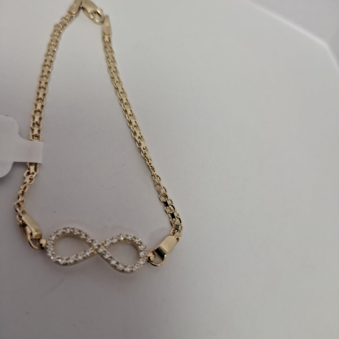 PULSERA TEJIDO ESPECIAL CON INFINITO Y CIRCONIAS 14K 18 CM 3.4 GR (NUEVO)