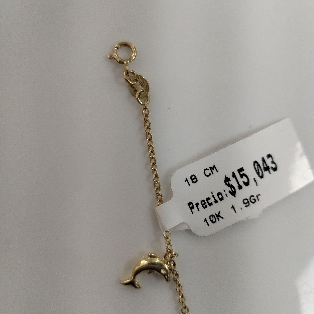 PULSERA ESPECIAL CON DIJES DELFINES 10K 18 CM 1.9 GR (NUEVO)