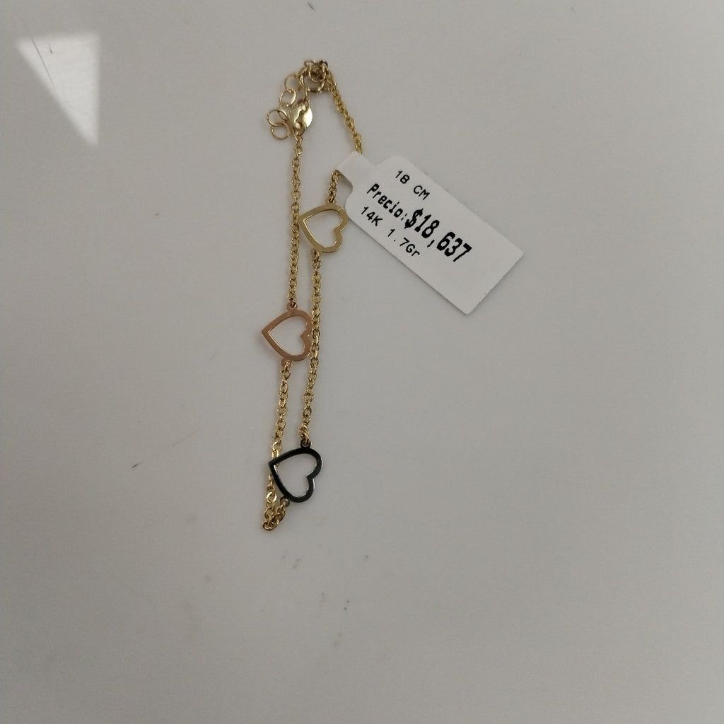 PULSERA ESPECIAL CON CORAZONES CONBINADOS 14K 18 CM 1.7 GR (NUEVO)