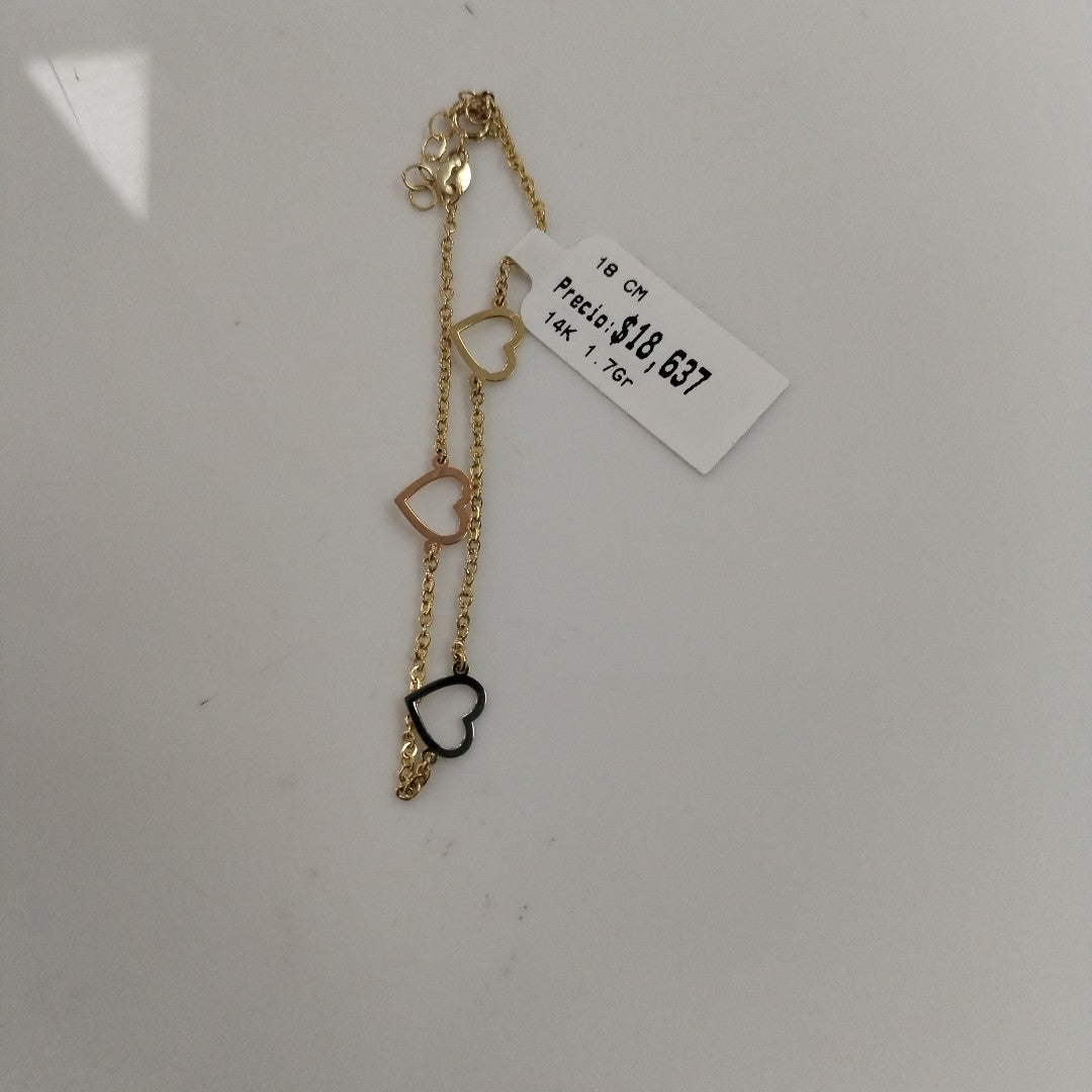 PULSERA ESPECIAL CON CORAZONES CONBINADOS 14K 18 CM 1.7 GR (NUEVO)