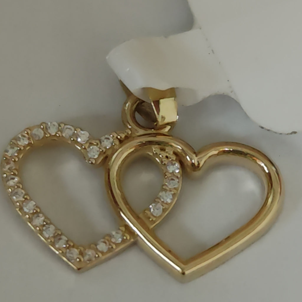 DIJE TEJIDO DOS CORAZONES CON CIRCONIAS 14K 1.4 GR (NUEVO)