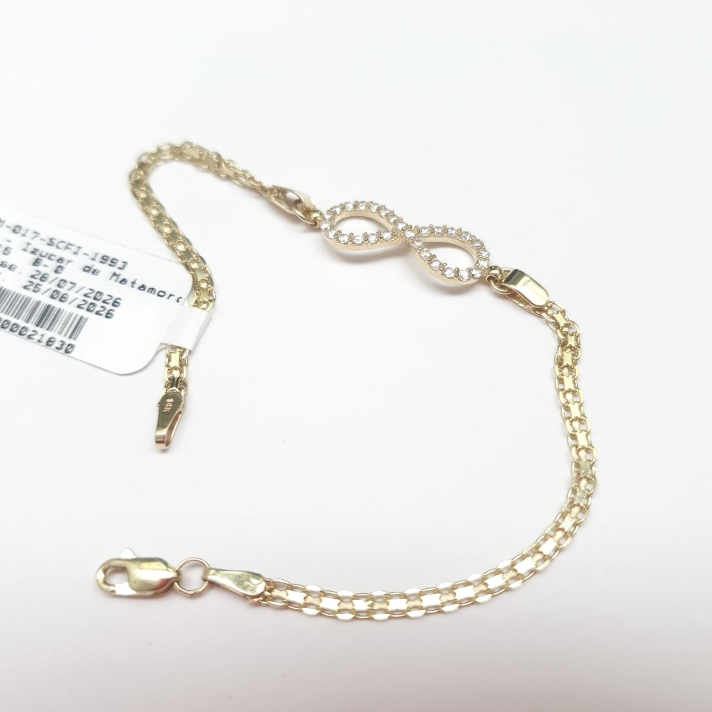 PULSERA TEJIDO ESPECIAL CON INFINITO Y CIRCONIAS 14K 18 CM 3.4 GR (NUEVO)