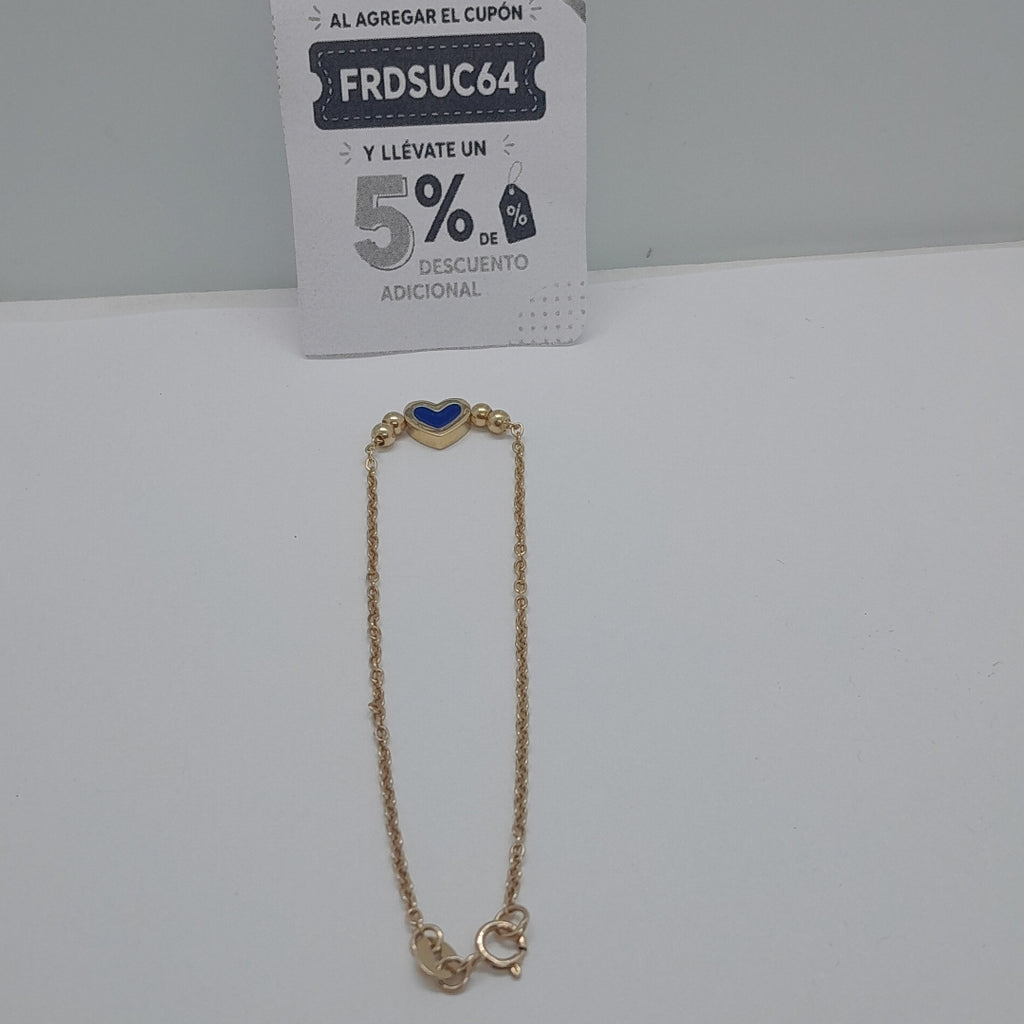 PULSERA TEJIDO ESPECIAL CON FIGURA CORAZON CON ESMALTE AZUL 14K 18 CM 1.9 GR (NUEVO)