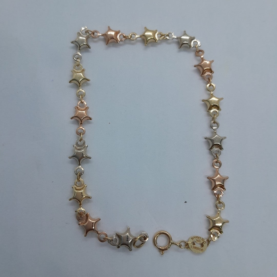PULSERA TEJIDO ESPECIAL ESTRELLAS COMBINADAS 14K 18 CM 2.3 GR (NUEVO)