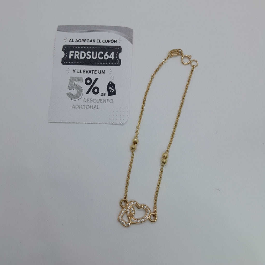 PULSERA TEJIDO ESPECIAL CORAZONES CON CIRCONIAS 14K 18 CM 2.4 GR (NUEVO)
