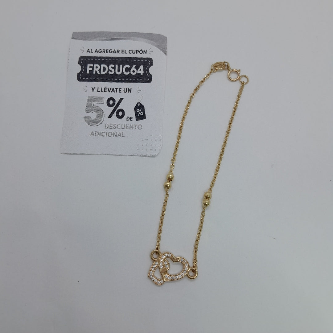 PULSERA TEJIDO ESPECIAL CORAZONES CON CIRCONIAS 14K 18 CM 2.4 GR (NUEVO)