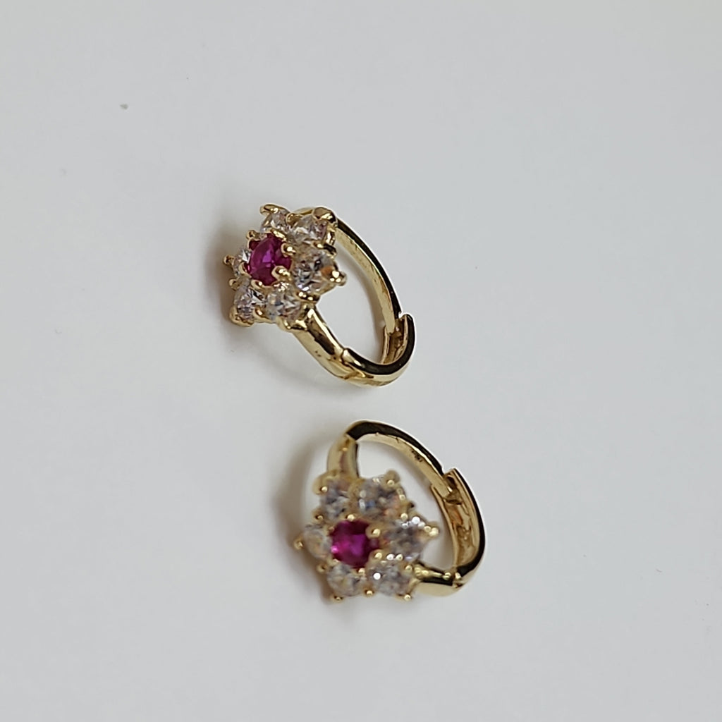 ARETES HUGGIES CON CIRCONIAS Y PIEDRA DE COLOR 14K 1.8 GR (NUEVO)