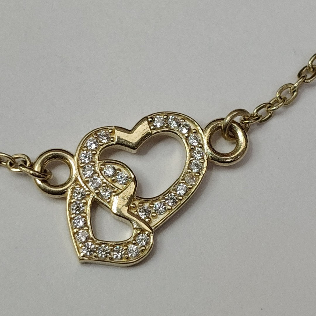 PULSERA TEJIDO ESPECIAL CORAZONES CON CIRCONIAS 14K 18 CM 2.4 GR (NUEVO)