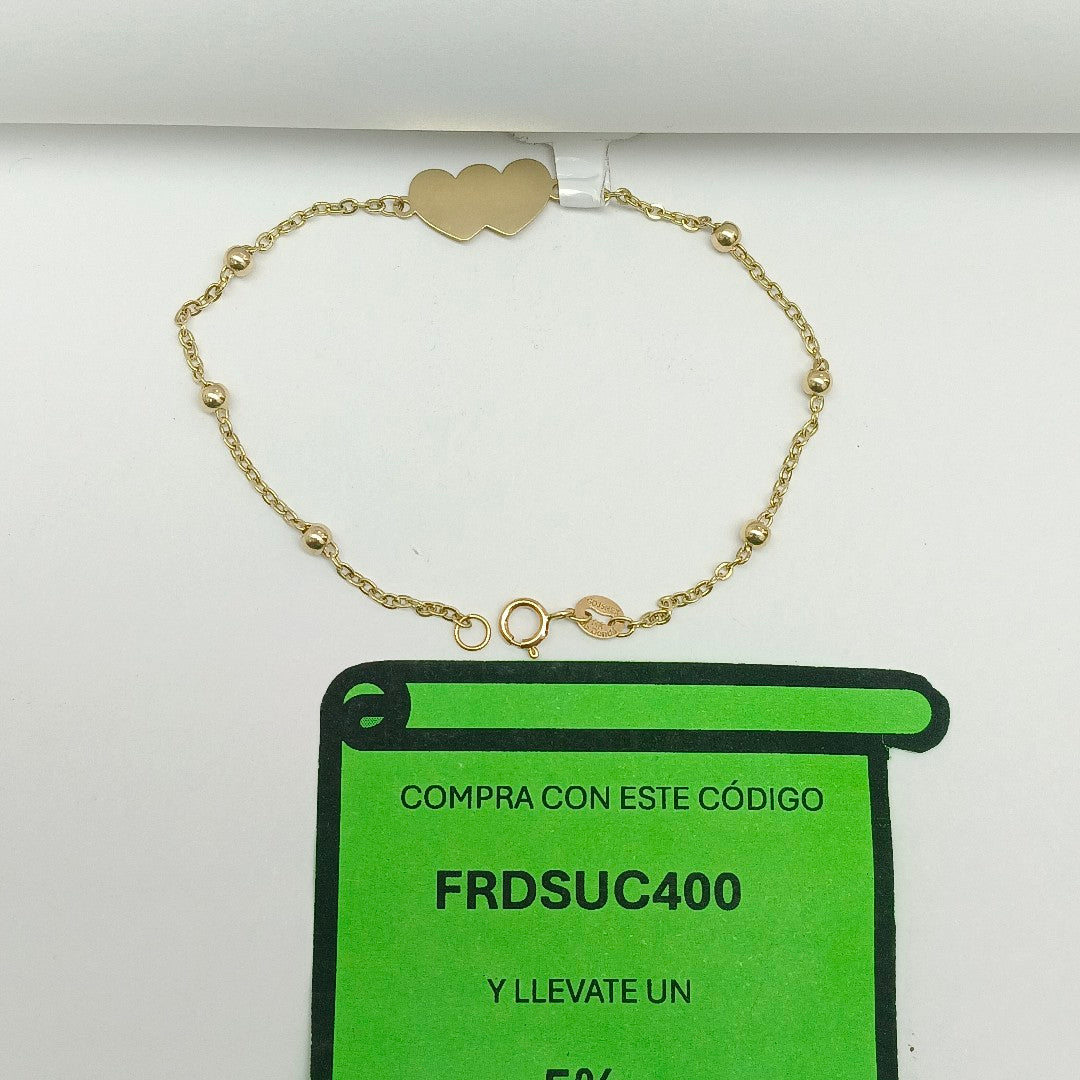 PULSERA TEJIDO ESPECIAL CON DOS CORAZONES 14K 18 CM 1.7 GR (NUEVO)