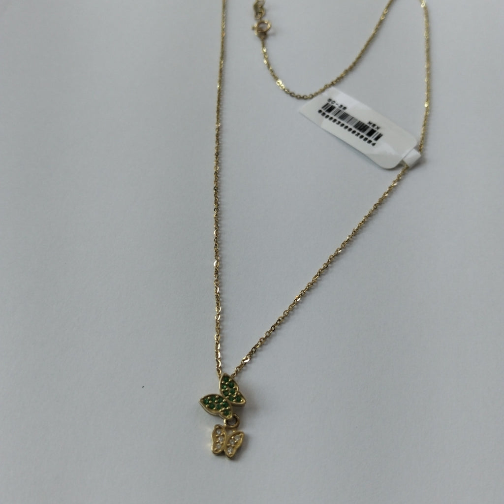 CADENA TEJIDO GARGANTILLA CON DIJE MARIPOSAS CIRCONIAS Y PIEDRAS DE COLOR 14K 45 CM 1.9 GR (NUEVO)