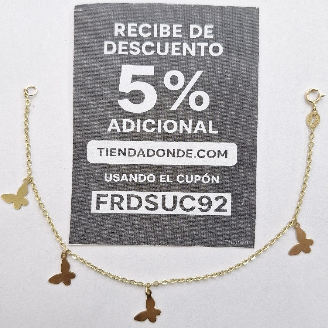 PULSERA ESPECIAL CON MARIPOSAS 14K 18 CM 1.9 GR (NUEVO)