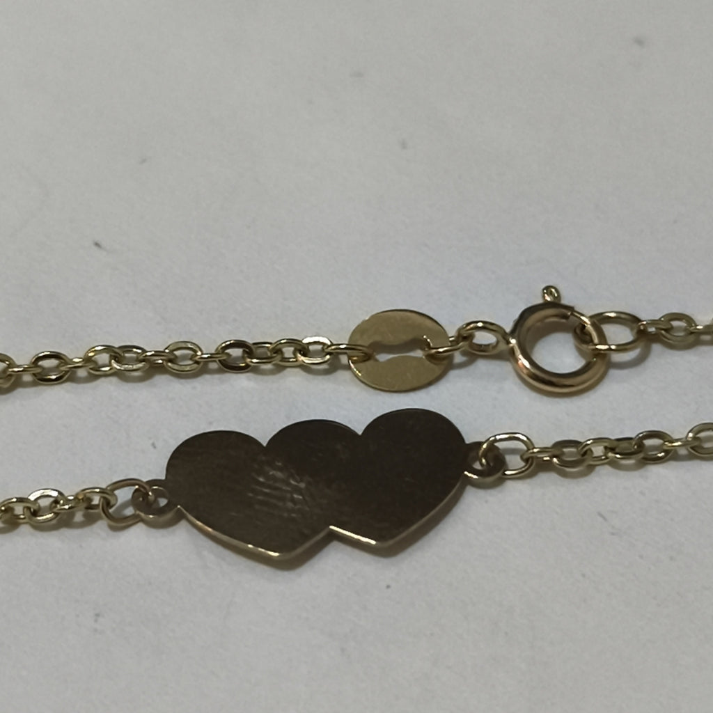 PULSERA TEJIDO ESPECIAL CON DOS CORAZONES 14K 18 CM 1.7 GR (NUEVO)