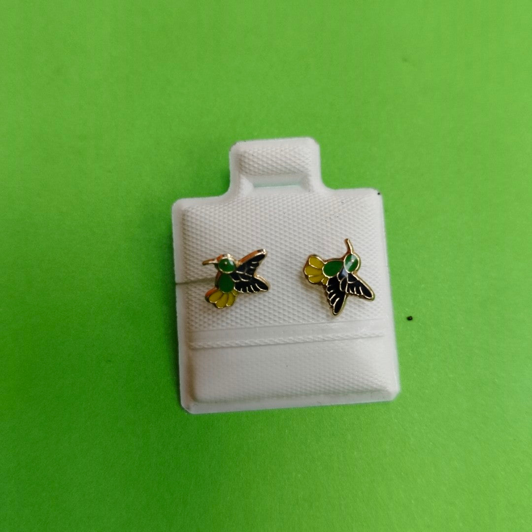 BROQUELES BROQUEL FIG COLIBRI ESMALTE VERDE 14K 0.2138 GR (NUEVO)