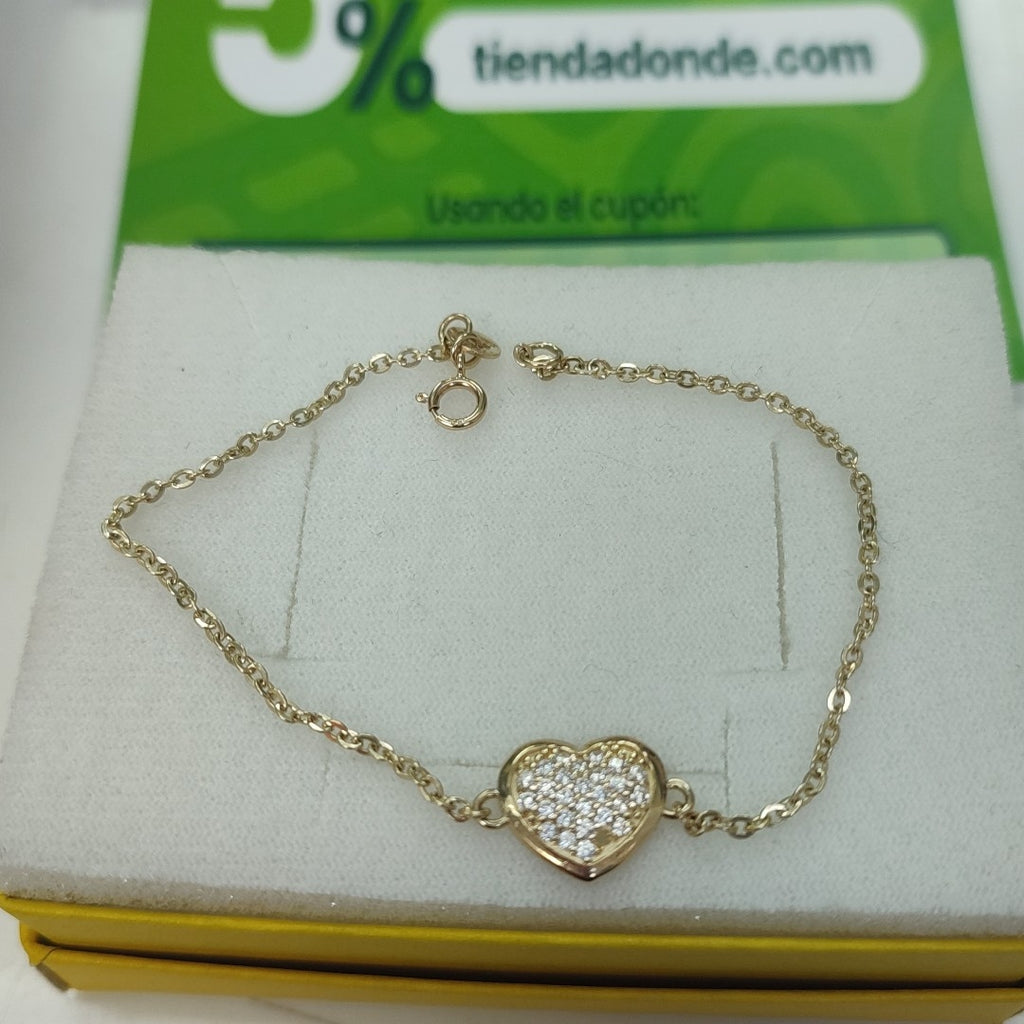 PULSERA TEJIDO ESPECIAL C CORAZON CIRCONIAS 14K 18 CM 2 GR (NUEVO)