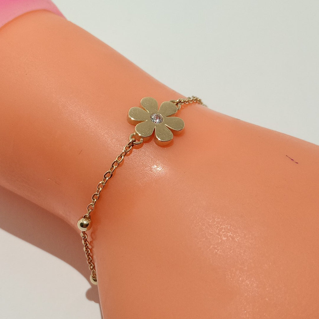 PULSERA TEJIDO ESPECIAL FLOR CON CIRCONIA 14K 18 CM 2.5 GR (NUEVO)