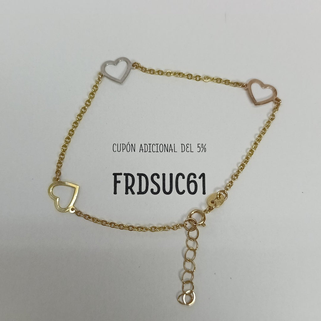 PULSERA ESPECIAL CON CORAZONES CONBINADOS 14K 18 CM 1.7 GR (NUEVO)