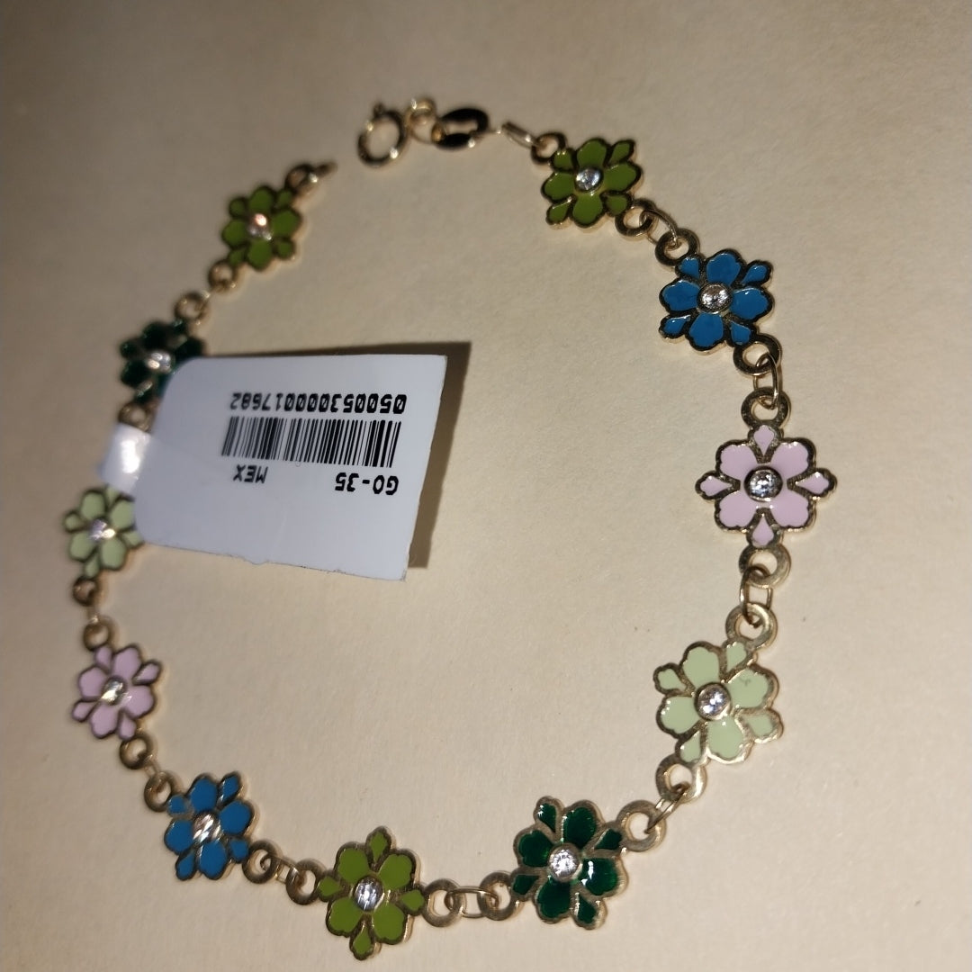 PULSERA ESPECIAL FLORES CON ESMALTE 14K 18 CM 4.6 GR (NUEVO)