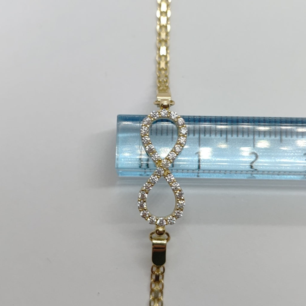PULSERA TEJIDO ESPECIAL CON INFINITO Y CIRCONIAS 14K 18 CM 3.4 GR (NUEVO)