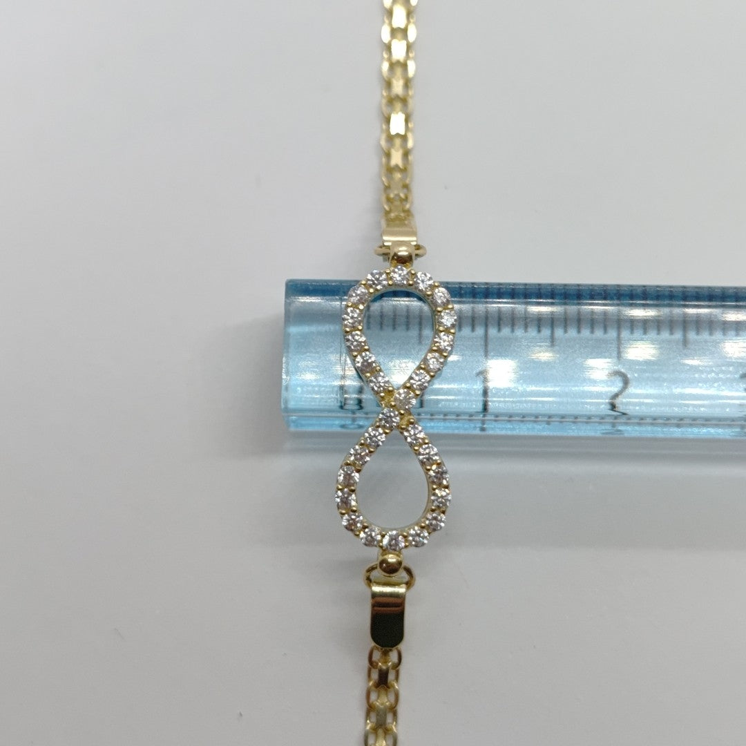 PULSERA TEJIDO ESPECIAL CON INFINITO Y CIRCONIAS 14K 18 CM 3.4 GR (NUEVO)