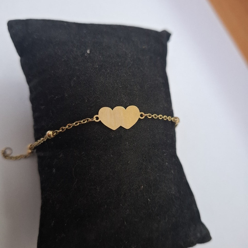 PULSERA TEJIDO ESPECIAL CON DOS CORAZONES 14K 18 CM 1.7 GR (NUEVO)