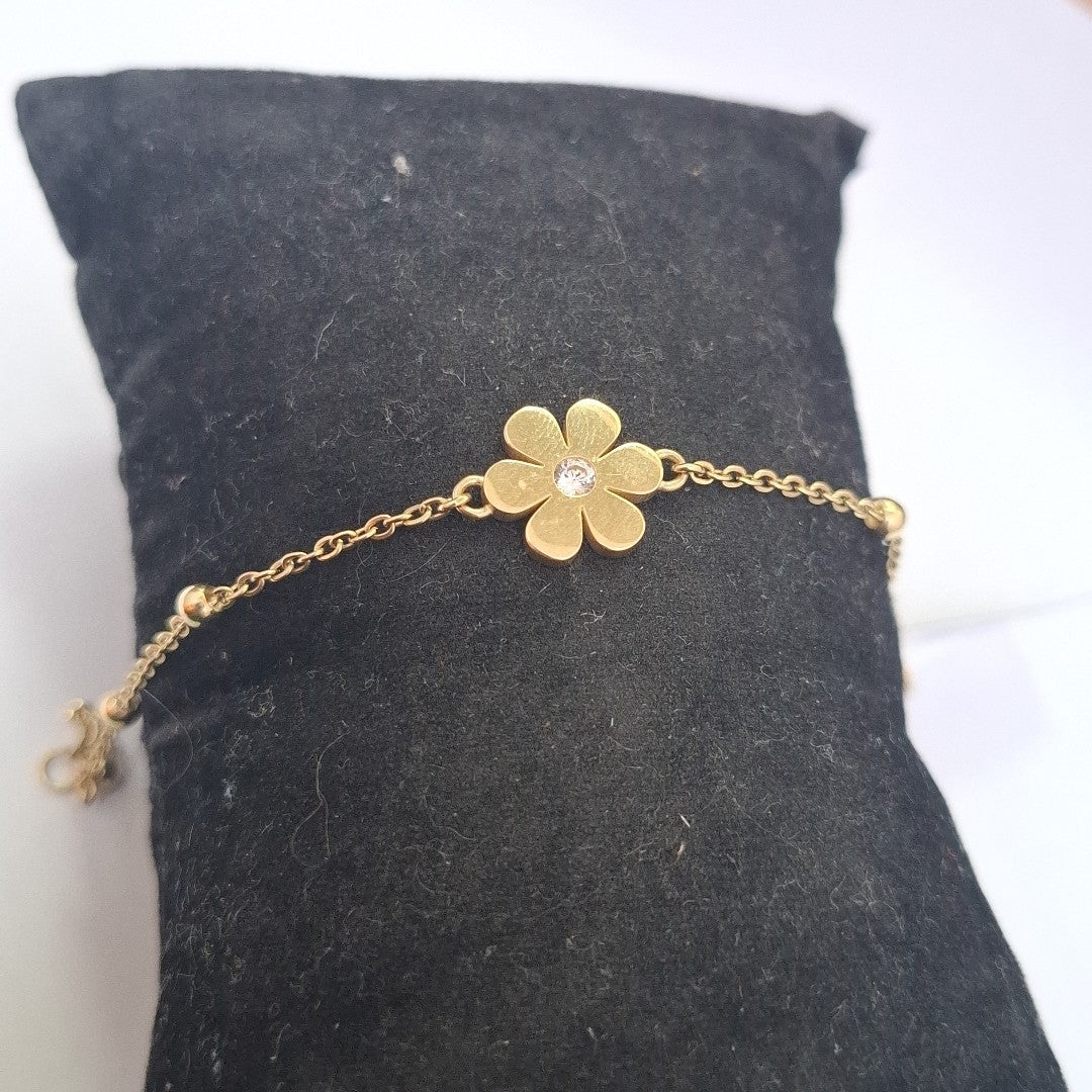 PULSERA TEJIDO ESPECIAL FLOR CON CIRCONIA 14K 18 CM 2.5 GR (NUEVO)