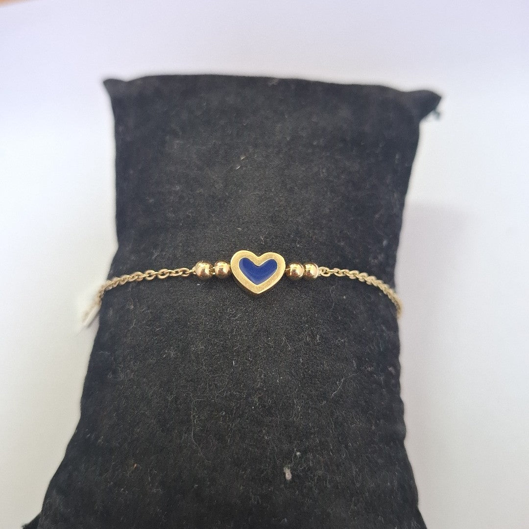 PULSERA TEJIDO ESPECIAL CON FIGURA CORAZON CON ESMALTE AZUL 14K 18 CM 2 GR (NUEVO)