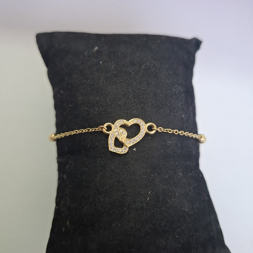 PULSERA TEJIDO ESPECIAL CORAZONES CON CIRCONIAS 14K 18 CM 2.3 GR (NUEVO)