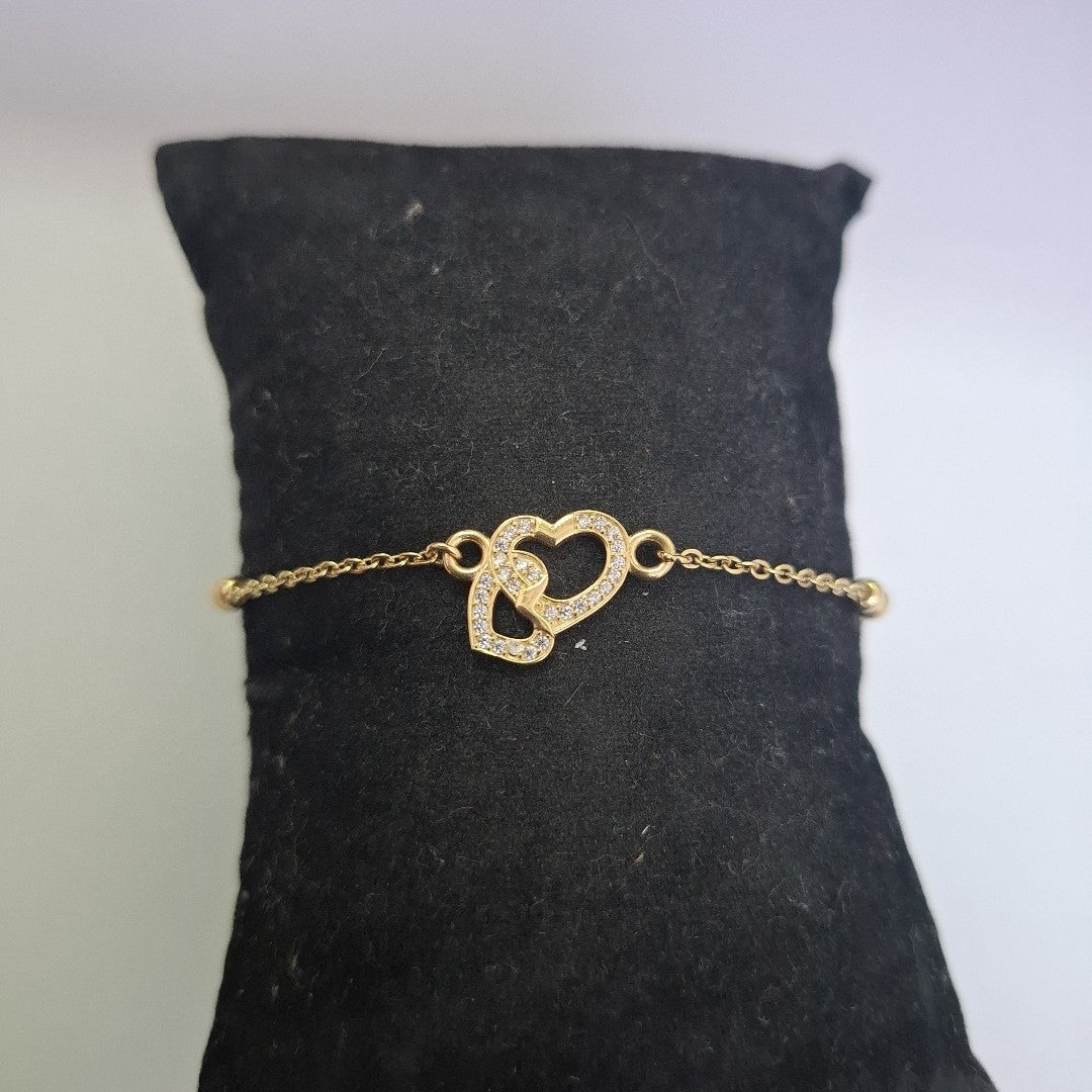 PULSERA TEJIDO ESPECIAL CORAZONES CON CIRCONIAS 14K 18 CM 2.3 GR (NUEVO)