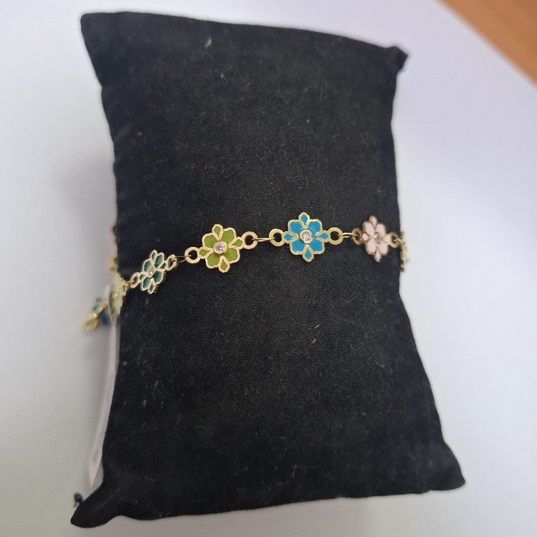 PULSERA ESPECIAL FLORES CON ESMALTE 14K 18 CM 4.5 GR (NUEVO)