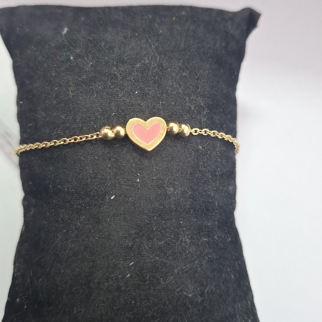 PULSERA TEJIDO ESPECIAL CON FIGURA CORAZON CON ESMALTE ROSA 14K 18 CM 1.9 GR (NUEVO)