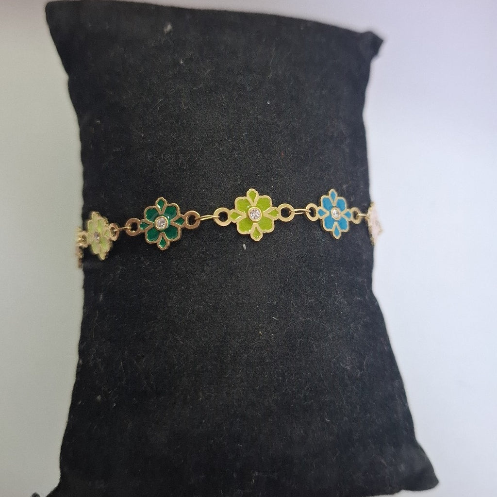 PULSERA ESPECIAL FLORES CON ESMALTE 14K 18 CM 4.7 GR (NUEVO)