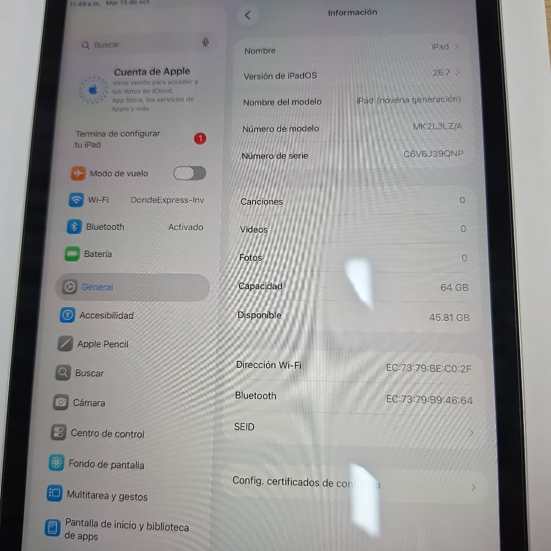 TABLETA APPLE IPAD 9 A2602 64 GB 3 GB RAM (SEMINUEVO)