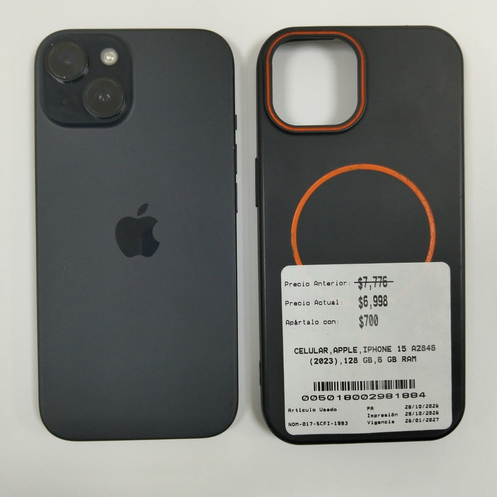 CELULAR APPLE IPHONE 15 A2846 (2023) 128 GB 6 GB RAM (SEMINUEVO)