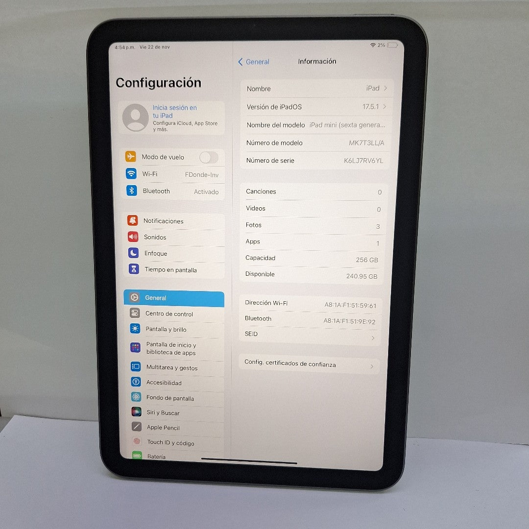 TABLETA APPLE IPAD MINI 6 A2567 256 GB 4 GB RAM (SEMINUEVO)