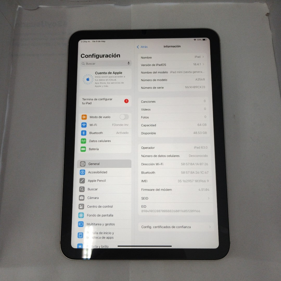 TABLETA APPLE IPAD MINI 6 A2568 64 GB 4 GB RAM (SEMINUEVO)