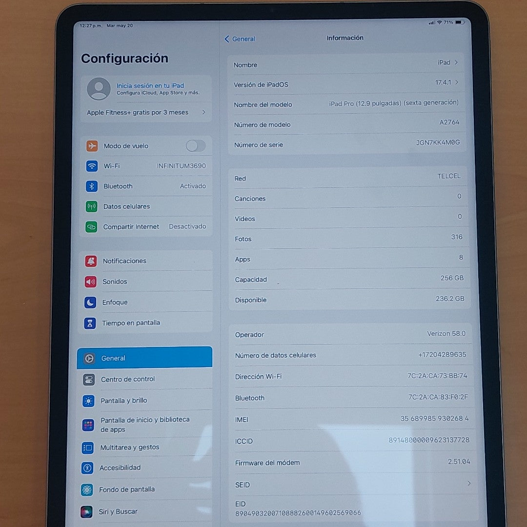 TABLETA APPLE IPAD PRO 6 12.9" A2764 256 GB 8 GB RAM (SEMINUEVO)