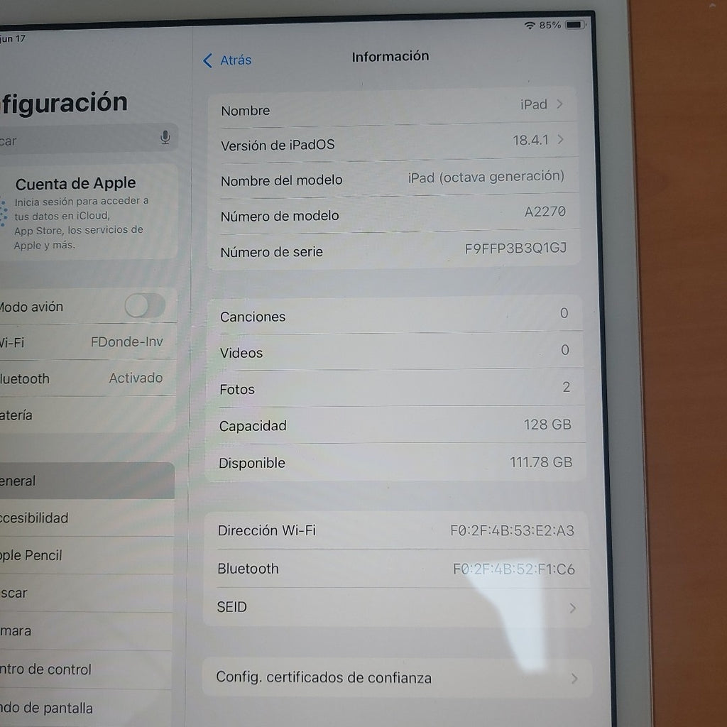 TABLETA APPLE IPAD 8 A2270 128 GB 3 GB RAM (SEMINUEVO)