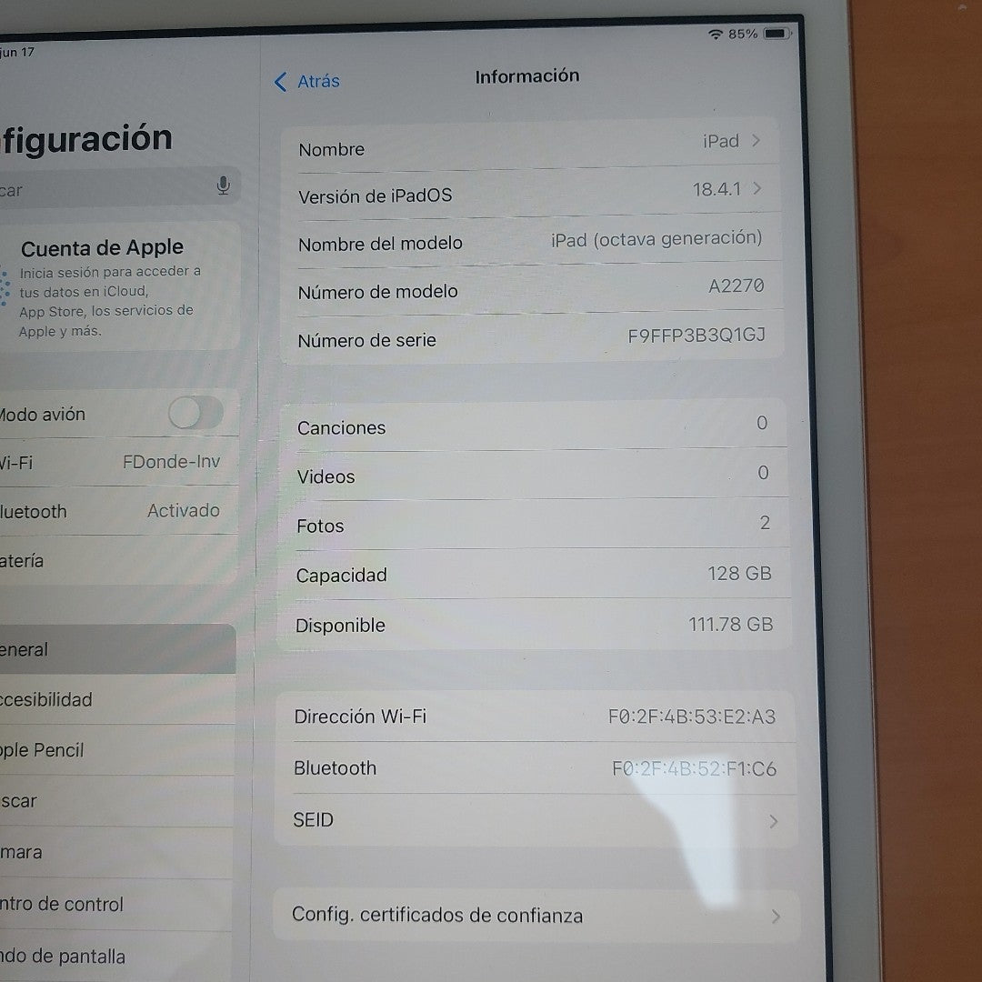 TABLETA APPLE IPAD 8 A2270 128 GB 3 GB RAM (SEMINUEVO)